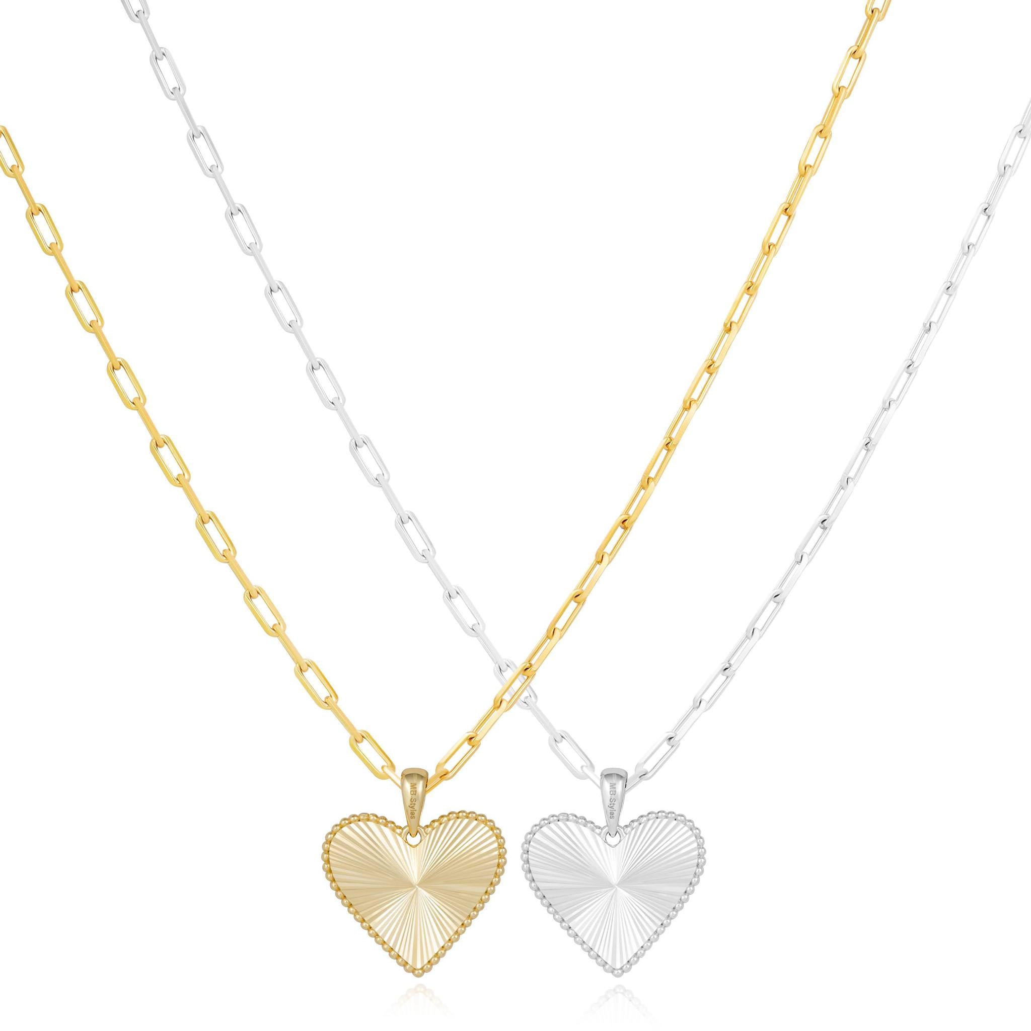 MB Fluted Heart Pendant on Paperclip Chain